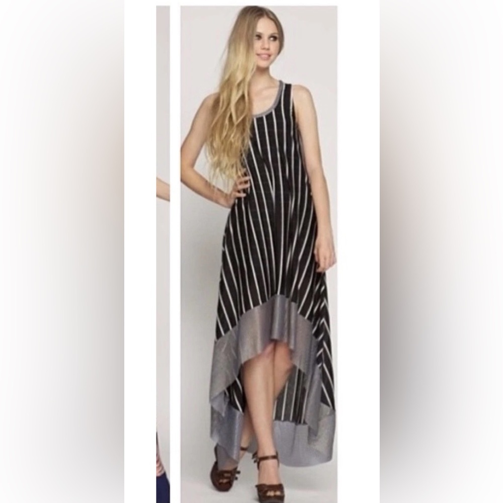 T-Bags Los Angeles Black White Stripe High Low Dress